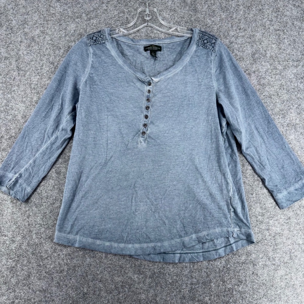 Lauren Ralph Lauren Henley Top Blue Cotton Crochet Shoulder Lace Womens Large